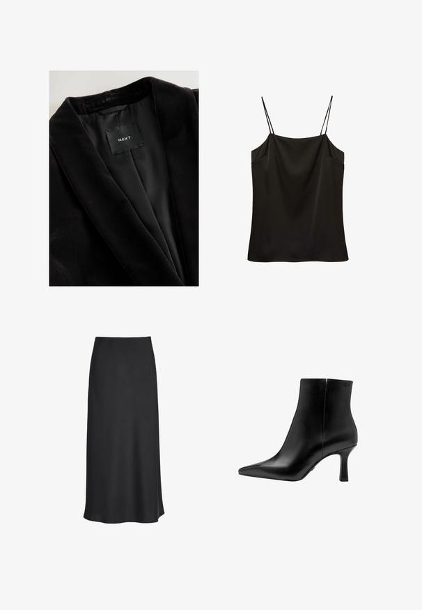 Zwarte fluwelen blazer met een sjaalkraag, satijnen voering en een label met de tekst "NEXT." Gestructureerde stof met een gladde afwerking.; Zwarte satijnen camisole top met dunne dubbele spaghettibandjes en een rechte halslijn.; Zwarte midi-rok met een gladde, licht uitlopende silhouet en een hoge tailleband, afgebeeld tegen een witte achtergrond.; Zwarte leren enkellaars met een spitse neus, hoge stilettopes, gladde textuur en minimalistisch ontwerp. Voorzien van een ritssluiting aan de achterkant.