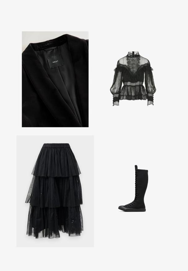 Zwarte fluwelen blazer met een sjaalkraag, satijnen voering en een label met de tekst "NEXT." Gestructureerde stof met een gladde afwerking.; Luisa Spagnoli Lauco- Blouse - Fashion Show - Blouse - nero; Gelaagde zwarte tule rok met een elastische tailleband en een watervalontwerp met variërende lengtes en lichte glinsteraccenten.; Zwart hoge canvas boots met een afgeronde neus, ritssluiting en veters aan de voorkant. Kenmerkt zich door een gestructureerd oppervlak en rubberen zool.
