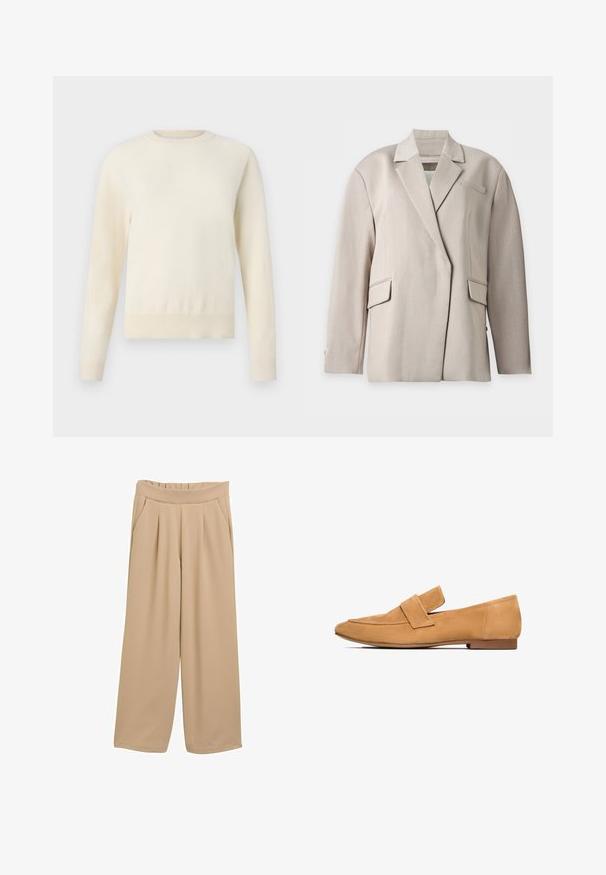 Beige skræddersyet blazer med notch revers, lange ærmer, to lommer med klap og en brystlomme, vist på en hvid baggrund.; Lys cremefarvet sweater med lange ærmer, rund halsudskæring og ribbenet kant. Lavet af et blødt materiale med en glat tekstur.; Beige brede bukser med en samlet talje, der har to sidelommer og en glat, tekstureret stoffinish.; Lette mokkasiner i tan farve med flad hæl, rund tå og en syet strop over vristen for et raffineret udtryk.