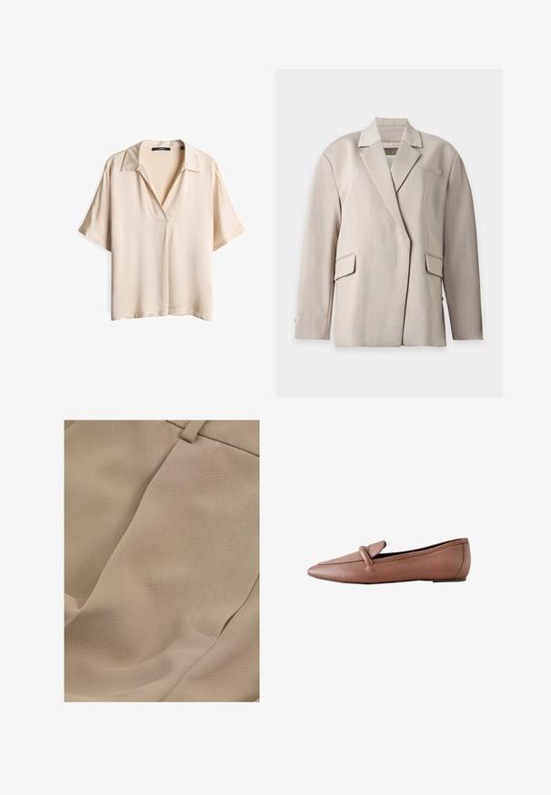 Beiger, maßgeschneiderter Blazer mit Spitzrevers, langen Ärmeln, zwei Pattentaschen und einer Brustleistentasche, auf weißem Hintergrund dargestellt.; Beige Bluse mit kurzen Ärmeln aus glattem Stoff, mit einem eingefassten Kragen und einem lässigen Schnitt. Die Vorderseite hat einen dezenten V-Ausschnitt.; Reiss PETITE FIT - EDEN ELASTICATED WAIST WIDE - Stoffhose - mink neutral; Brauner flacher Ledermokassin mit abgerundeter quadratischer Spitze und einer Schlaufe über dem Obermaterial, von der Außenseite gezeigt.