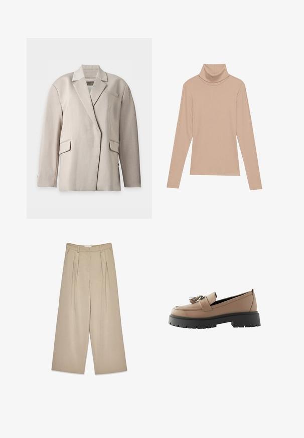 Blazer beige a medida con solapa con muesca, mangas largas, dos bolsillos con solapa y un bolsillo de ojal en el pecho, mostrado sobre un fondo blanco.; Top de punto beige de manga larga y cuello alto, mostrado plano sobre un fondo claro.; Pantalones de pierna ancha color beige con pliegues frontales, bolsillos laterales, pasadores para cinturón y un cierre frontal oculto.; Mocasines de cuero beige con un acento de borlas, que cuentan con una suela de plataforma negra gruesa y una superficie texturizada, diseñados para comodidad y estabilidad.