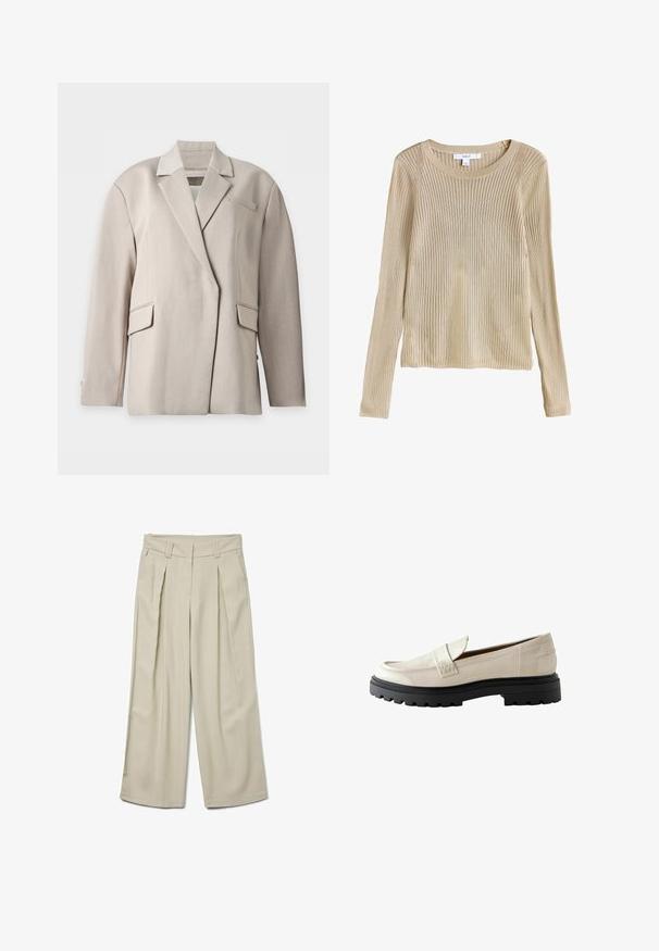 Beige skræddersyet blazer med notch revers, lange ærmer, to lommer med klap og en brystlomme, vist på en hvid baggrund.; Beige ribstrikket langærmet sweater med rund halsudskæring og slim fit, vist fladt med synligt mærke ved kraven.; Beige vide bukser med høj talje, der har frontfolder og en glat tekstur. Skræddersyet design med bæltestropper og ingen synlige lommer.; Creme patentlæder loafers med en rund tå, en syning på vampen og en kraftig sort gummisål med mønsterdetaljer.