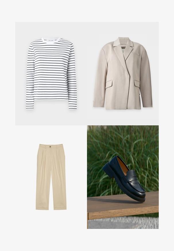 Blazer beige taillé sur mesure avec col à revers cranté, manches longues, deux poches à rabat et une poche passepoilée poitrine, présenté sur fond blanc.; Chemise à manches longues en coton blanc avec des rayures horizontales noires. Présente un col rond et une coupe décontractée. Pas d'accents ou de motifs notables.; Marc O'Polo BALLOON LEG PLEATED INSPIRED DETAILS - Pantalon classique - jonesboro cream; Mocassin en cuir noir flottant au-dessus d’un banc en bois avec une haute herbe verte en arrière-plan.