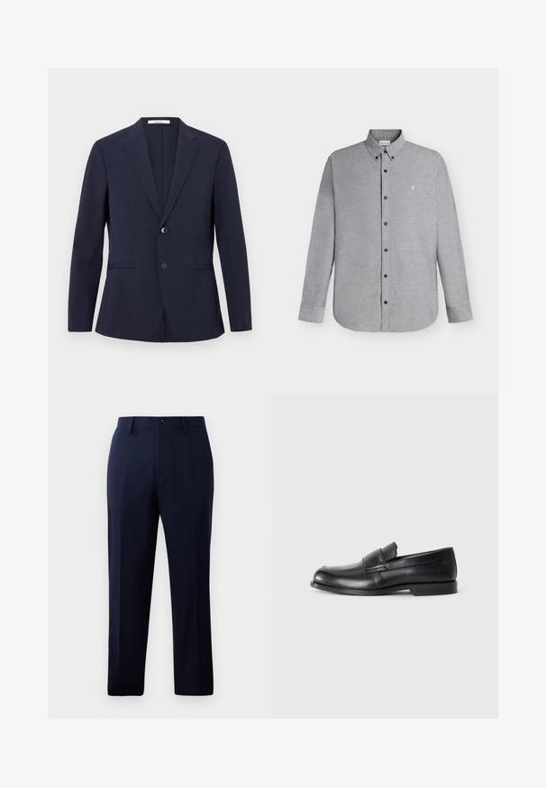 Blazer azul marino entallado con dos botones, solapas de muesca y bolsillos laterales. Hecho de una tela suave con un ajuste estructurado.; Camisa de manga larga color gris claro con cierre de botones y cuello abotonado, con un pequeño logo "cK" bordado en el pecho izquierdo.; Pantalones navy hechos de una tela suave, con un diseño clásico de pierna recta, bolsillos frontales y un cierre de botón en la cintura.; Mocasines de cuero negro con punta redondeada, detalles cosidos y suela plana de goma. Presentan una banda ancha sobre el empeine.
