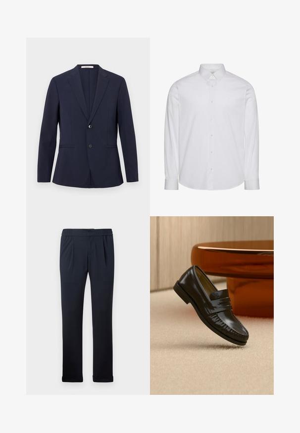 Marineblauer, maßgeschneiderter Blazer mit zwei Knöpfen, Revers mit Kerbkragen und Seitentaschen. Hergestellt aus einem glatten Stoff mit einer strukturierten Passform.; Weißes langärmliges Hemd aus Baumwolle mit Knöpfen. Verfügt über einen Standardkragen, eine vordere Knopfleiste und einen abgerundeten Saum. Dezentes Markenlogo.; Dunkelblaue Hose aus weichem Stoff, mit elastischem Bund, Falten an der Vorderseite und umgeschlagenen Säumen. Glatte Textur, minimalistisches Design.; Glänzender schwarzer Leder-Loafer mit einem Riemendetail, auf einem beigen Teppich neben einem runden braunen Couchtisch in einem sanft beleuchteten Raum platziert.