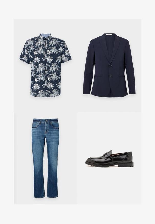 Marineblauer, maßgeschneiderter Blazer mit zwei Knöpfen, Revers mit Kerbkragen und Seitentaschen. Hergestellt aus einem glatten Stoff mit einer strukturierten Passform.; Kurzärmliges, knöpfbares Hemd in Marineblau mit einem weißen Palmenprint. Verfügt über einen kragenförmigen Ausschnitt und braune Knöpfe. Strukturiertes Material.; Blaue Jeans aus Denim mit geradem Bein, fünf Taschen, leichter Verwaschung und kupferfarbenen Nähten. Mit einem normalen Bündchen vollendet.; ALDO ALERIS - Slipper - black