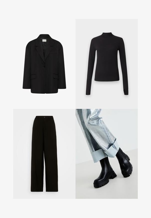 Sort enkeltknappet blazer med hakkede revers, to foranstående klaplommer og en brystlomme med kant, vist på hvid baggrund.; Sort langærmet tætsiddende top med høj hals, vist på ensartet lysegrå baggrund.; Sorte brede bukser lavet af glat stof, med en knaplukning i livet og en skræddersyet silhuet uden synlige mønstre.; Sorte chunky ankelstøvler med teksturerede såler, iført sølvmetallic bukser med en lys denimopretning. Minimalistisk design, slanke materialer.