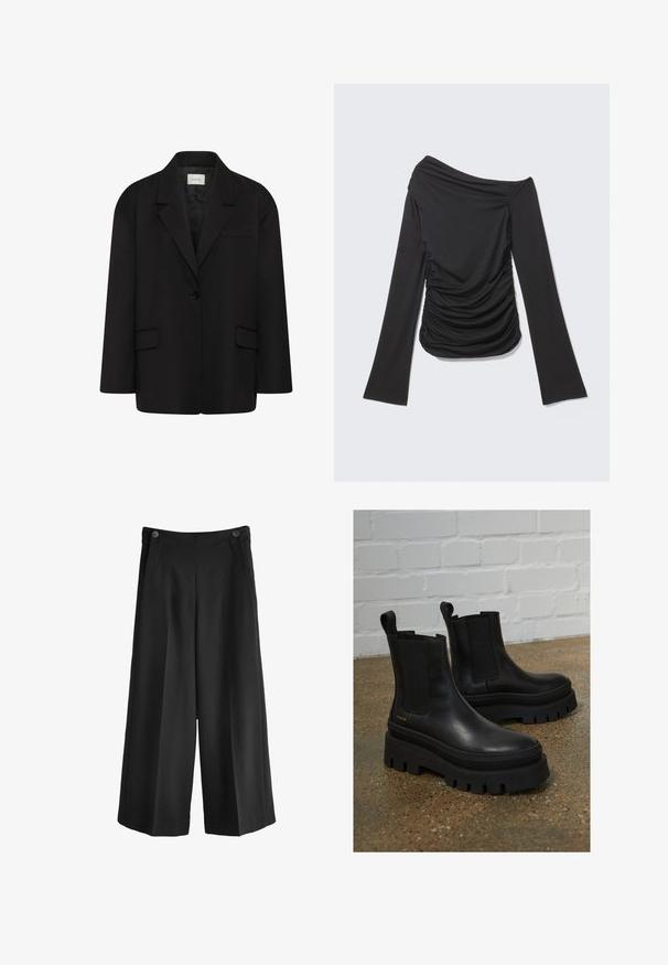 Schwarzer Ein-Knopf-Blazer mit Revers mit Kerben, zwei vorderen Pattentaschen und einer Brusttasche mit Paspel, dargestellt vor weißem Hintergrund.; Schwarzes Langarmtop mit asymmetrischem, schulterfreiem Ausschnitt und gerafften Details an den Seiten und vorne.; Schwarzweite Hosen mit hoher Taille, aus glattem Material gefertigt. Verfügt über zwei Vordertaschen und zwei Knöpfe am Bund.; Schwarze Lederstiefeletten mit elastischen Seitenteilen, dicke schwarze Plateausohlen und gestickte Details, ausgestattet mit einer Zuglasche für einfaches Anziehen.