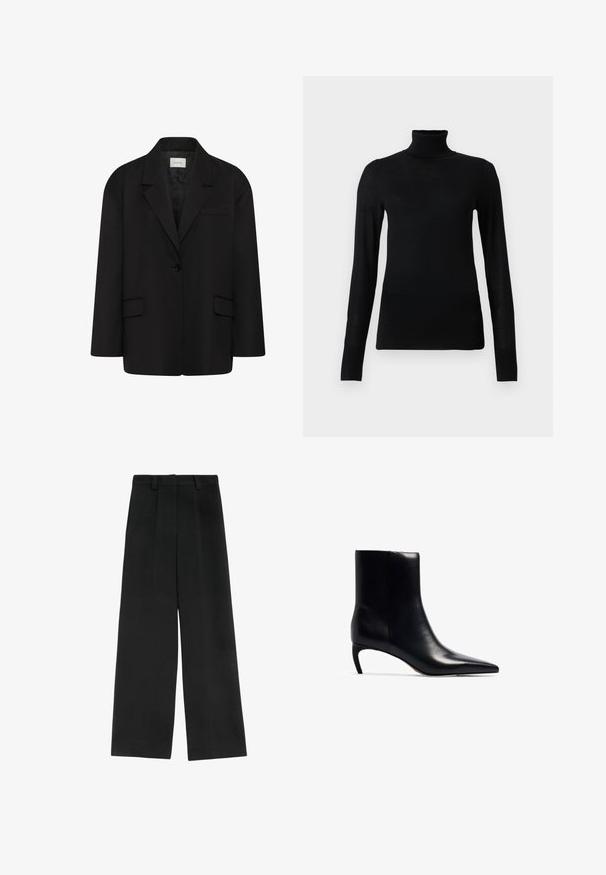 Sort enkeltknappet blazer med hakkede revers, to foranstående klaplommer og en brystlomme med kant, vist på hvid baggrund.; Sort turtleneck sweater lavet af blødt, letvægtsmateriale. Har lange ærmer og en tætsiddende stil med høj krave.; Sorte brede bukser med høj talje, der har to frontfald, bæltestropper og en glat tekstur. Ingen lommer eller synligt metal.; Sort læderankelstøvle med spidse tæer og en lille, slank hæl. Glat tekstur med et strømlinet, minimalistisk design.