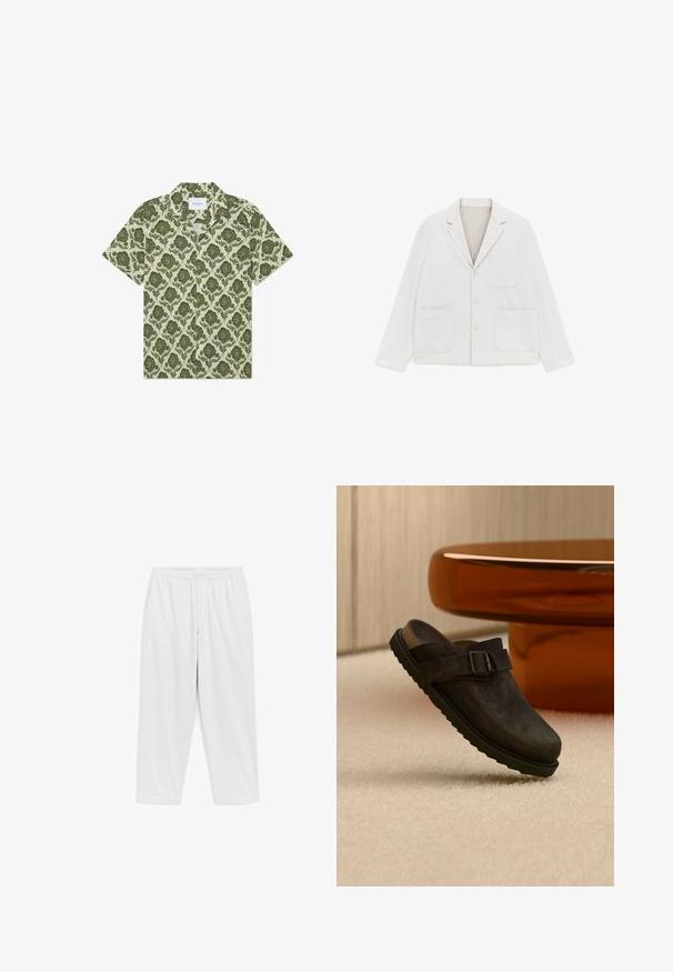 Witte casual blazer met drie knopen, drie opgestikte zakken en een reverskraag met inkeping, plat gelegd op een witte achtergrond.; Korte mouwen overhemd met een groen bloemenpatroon op een licht beige achtergrond. Heeft een kraag en een label met de tekst "Les Deux".; Witte broek met elastische taille, comfortabele pasvorm, zijzakken, rechte pijpen en lichtgewicht stof.; Donkerbruine instapschoen met gespsluiting en geribbelde zool, weergegeven op een beige tapijt naast een ronde amberkleurige tafel.