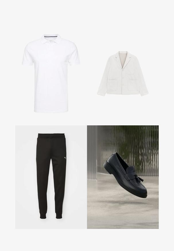 Blazer blanc décontracté avec trois boutons, trois poches plaquées et un col cranté, posé à plat sur un fond blanc.; Polo shirt blanc en coton, avec un col traditionnel, des manches courtes et une patte de boutonnage à trois boutons, avec des accents navy discrets à l'intérieur.; Pantalons de sport noirs à coupe ajustée, avec une taille élastique, des poches latérales et des rayures blanches sur les côtés. Présente un petit logo sur la cuisse gauche.; Mocassins en cuir noir avec une texture lisse, un bout arrondi et des pampilles décoratives à l'avant. Semelle en caoutchouc flexible avec un petit talon.