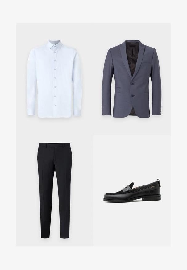 Veste de costume grise à simple boutonnage, avec deux boutons, revers crantés et poignets à trois boutons. Tissu lisse, coupe ajustée.; Chemise à manches longues bleu clair avec un col pointu, fermeture à boutons à l'avant et texture lisse. Présente des accents de boutons argentés sur le plastron.; Pantalons noirs ajustés avec une coupe slim, présentant un devant plat, des passants de ceinture et aucune motif ou accent visible. Texture lisse.; Mocassin en cuir noir avec détail de bride grise, talon bas et semelle texturée, marqué "HUGO" en or sur le côté.