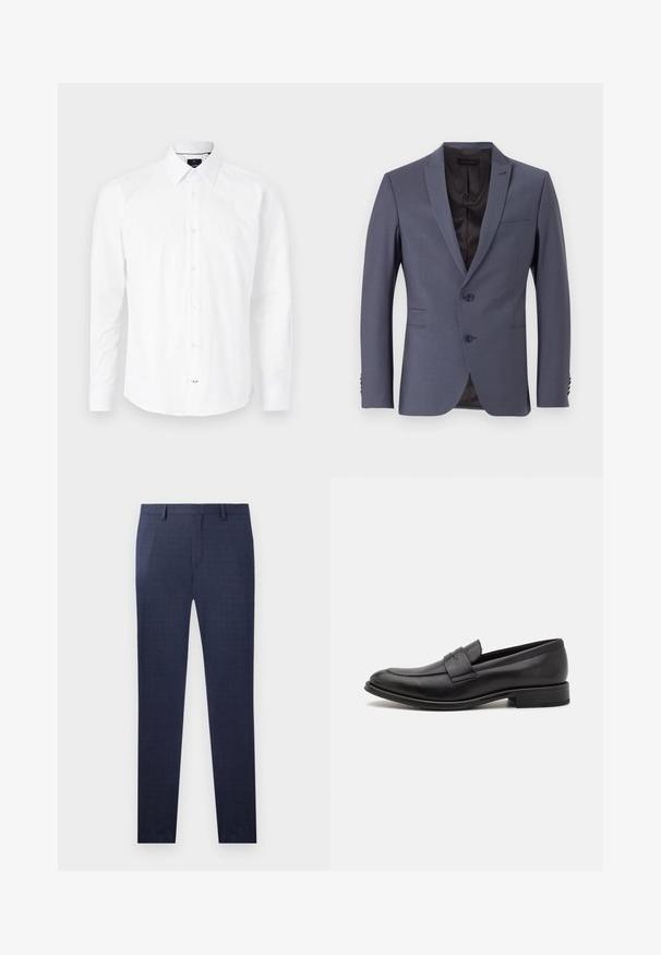 Veste de costume grise à simple boutonnage, avec deux boutons, revers crantés et poignets à trois boutons. Tissu lisse, coupe ajustée.; Chemise blanche à manches longues en coton. Présente un col boutonné, une fermeture à boutons à l'avant avec des boutons roses, et un ourlet arrondi.; Pantalons bleu marine présentant un motif à carreaux subtil, fabriqués dans un tissu lisse avec une coupe ajustée et des jambes droites, sans matériel visible.; Mocassin en cuir noir avec une finition lisse, une sangle décorative sur le dessus, un bout rond et un petit talon empilé.