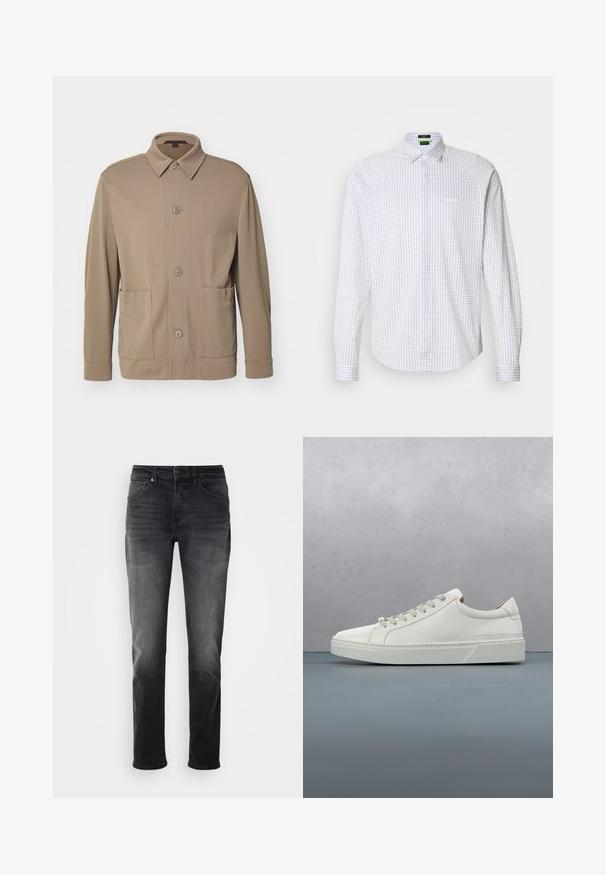 Beige knap-jakke lavet af struktureret stof, med krave, frontknapper og to sidelommer. Skræddersyet, afslappet design.; Langærmet skjorte i hvid med et blåt rutenet mønster. Har en klassisk krave og en brystlomme. Glat stof med en struktureret pasform.; Sorte denimjeans med lige pasform. Har en knap- og lynlås-lukning, fem lommer og en subtil falmning på stoffet.; Hvid lædersneaker med rund tå, minimalistisk design, grå snørebånd og en tekstureret grå gummisål. Subtile syningsdetaljer er synlige.