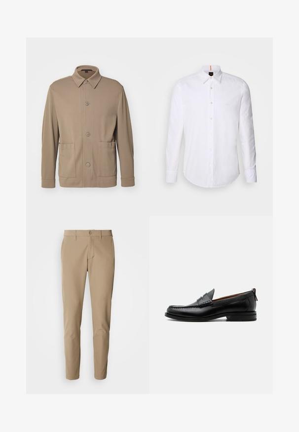 Beige knoopjack gemaakt van gestructureerde stof, met een kraag, knopen aan de voorkant en twee zijzakken. Op maat gemaakte, casual uitstraling.; Witte langwerpige overhemd met lange mouwen van katoen, met een klassieke kraag, een subtiel logo dicht bij de borst en witte knopen.; Beige broek van gladde stof met een rechte snit, voorzien van een knoopsluiting en voorzakken, en inclusief riemlussen.; Zwarte leren herensloffen met moc toe stiksel, pennyriem, gestructureerde kraag en lage gestapelde hak op witte achtergrond.