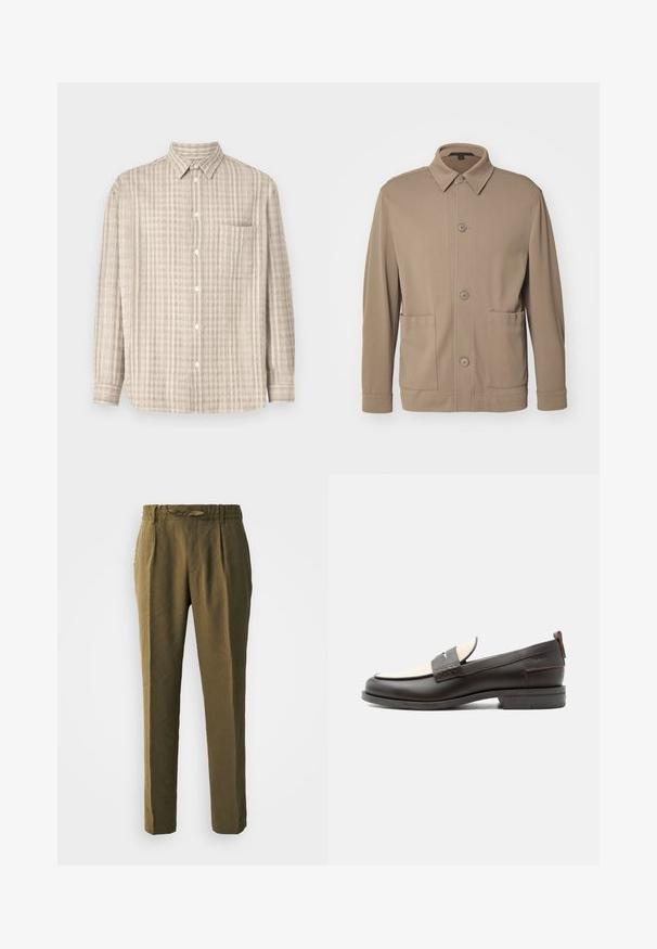 Beige knap-jakke lavet af struktureret stof, med krave, frontknapper og to sidelommer. Skræddersyet, afslappet design.; Button-up skjorte i lys beige, med et ternet mønster, lange ærmer, en brystlomme og et almindeligt kravedesign.; Olivenfarvede bukser lavet af blødt materiale, med en afslappet pasform, plisseret front og elastisk talje med en matchende snor.; Mørkebrune herresko i læder med cremefarvet stofpanel og klassisk syning på remmen, flad sål og trækskærm ved hælen.