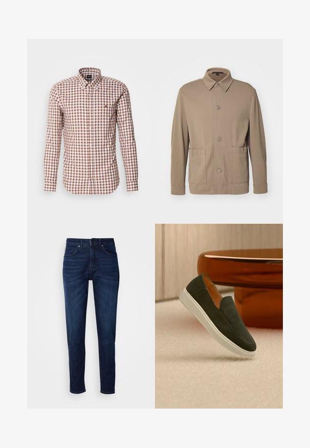Beige knap-jakke lavet af struktureret stof, med krave, frontknapper og to sidelommer. Skræddersyet, afslappet design.; Brun og hvid ternet langærmet skjorte med knap-ned krave og broderet logo på brystet. Bomuldsstoffets tekstur.; Mørkeblå denimbukser med lige ben, der har lommer og knaplukning i taljen. Blød tekstur, minimal falming.; Mørkegrøn slip-on ruskindssko med hvid sål, svævende over et lyst tæppebelagt gulv og et orange rundt bord i baggrunden.