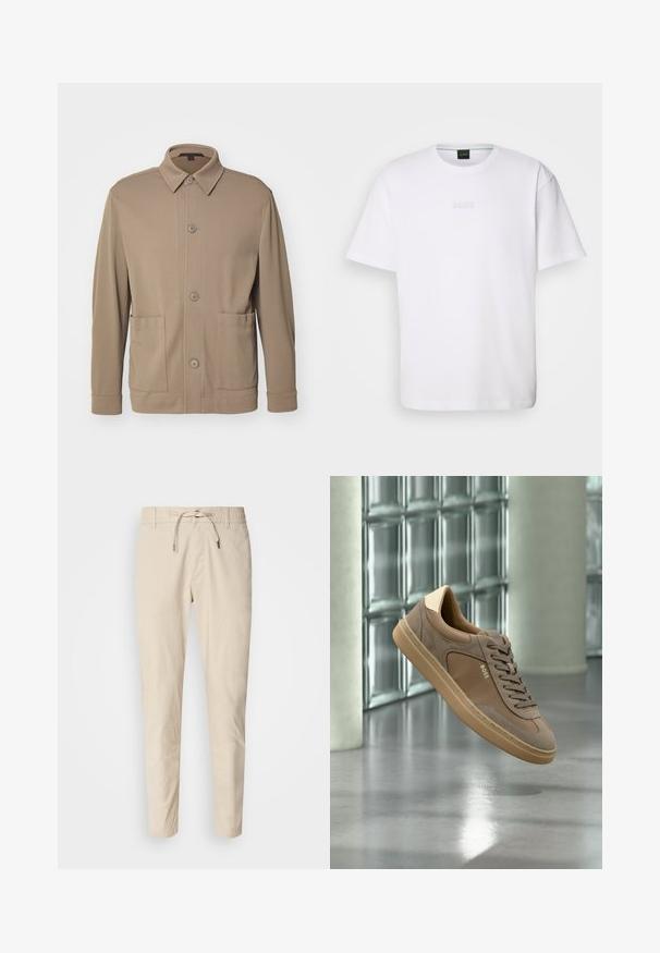 Beige knoopjack gemaakt van gestructureerde stof, met een kraag, knopen aan de voorkant en twee zijzakken. Op maat gemaakte, casual uitstraling.; Witte katoenen T-shirt met korte mouwen, ronde halslijn en reliëf 'BOSS' logo op de borst. Veilig textuur, standaard pasvorm.; Lichtbeige broeken met een gladde stoftextuur, elastische tailleband en verstelkoord. Tapered model. Geen zichtbare patronen.; Beige casual sneaker met veters en "BOSS"-logo zwevend boven een gepolierde betonnen vloer met achtergrond van een glazen blokken muur.