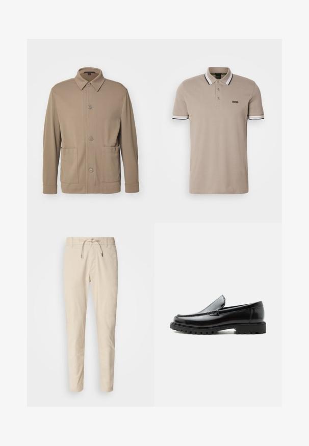 Beige knap-jakke lavet af struktureret stof, med krave, frontknapper og to sidelommer. Skræddersyet, afslappet design.; Beige polo-shirt med klassisk krave, korte ærmer og kantbånd med sort og hvid accent. Broderet 'BOSS' logo på brystet.; Lys beige bukser med en glat stoftekstur, elastisk talje og justerbar snor. Taperet ben-design. Ingen synlige mønstre.; Sort læderloafer med chunky gummisål, syet overdel og præget mærkenavn på hælen, vist i sideprofil på hvid baggrund.