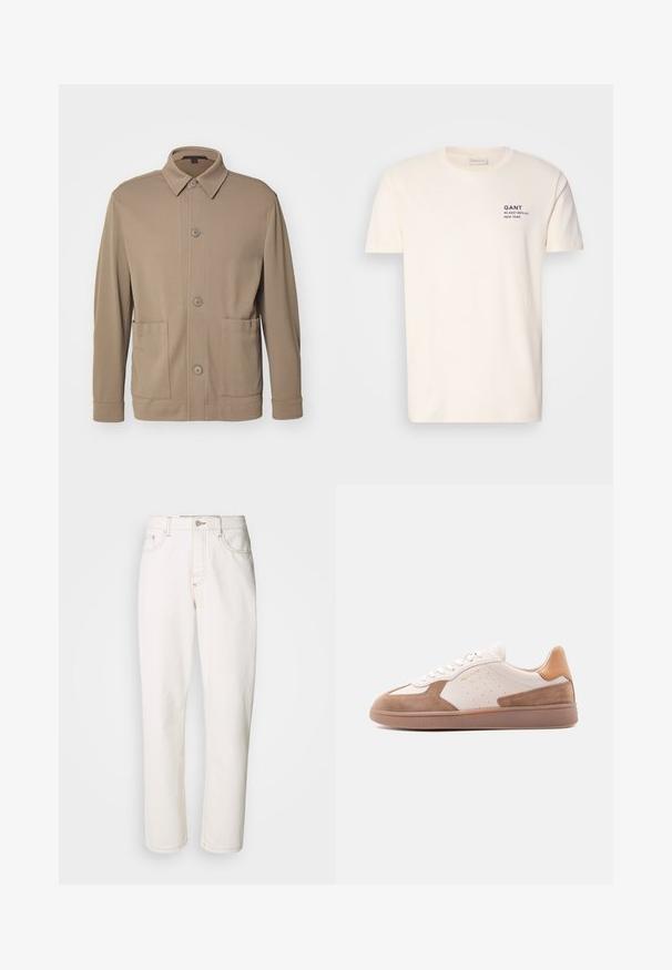 Beige knap-jakke lavet af struktureret stof, med krave, frontknapper og to sidelommer. Skræddersyet, afslappet design.; Cremefarvet bomulds T-shirt med rund hals, korte ærmer og et lille marineblåt tryk på brystet med teksten "GANT 32 EAST 39TH ST. NEW YORK."; Hvide denimbukser med lige ben design, der har stikninger, metalknaplukning og standard femlomme konstruktion.; Hvid og tan lavtop-sneaker med ruskindsdetaljer, perforerede sider, hvide snørebånd og en struktureret gummisål, vist fra siden på hvid baggrund.