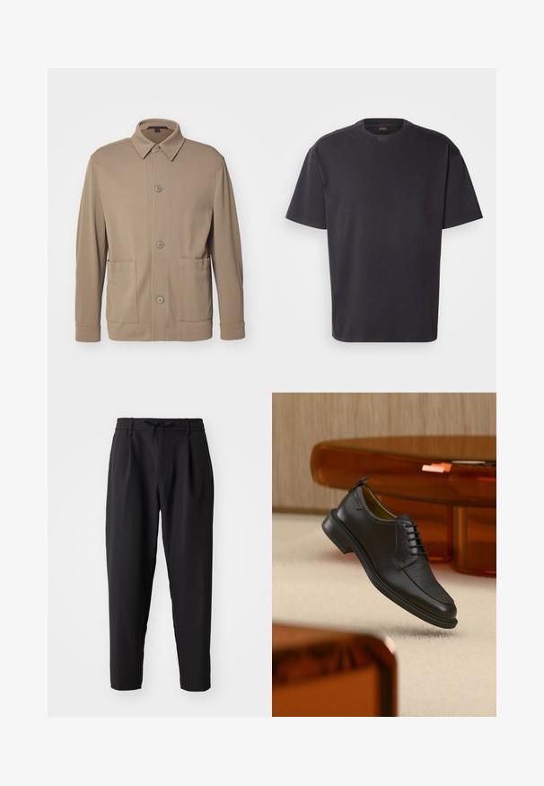Beige knap-jakke lavet af struktureret stof, med krave, frontknapper og to sidelommer. Skræddersyet, afslappet design.; Sort kortærmet T-shirt lavet af bomuld, med rund halsudskæring og subtil branding ved kraven. Glat tekstur med en afslappet pasform.; Sorte tapered bukser med elastisk talje og snor. Glat stof med en let tekstur, udstyret med læg og sidelommer.; Sort lædersko med snørebånd og tekstureret front, svævende over beige tæppe i et moderne rum med møbler i ravfarvet toning.