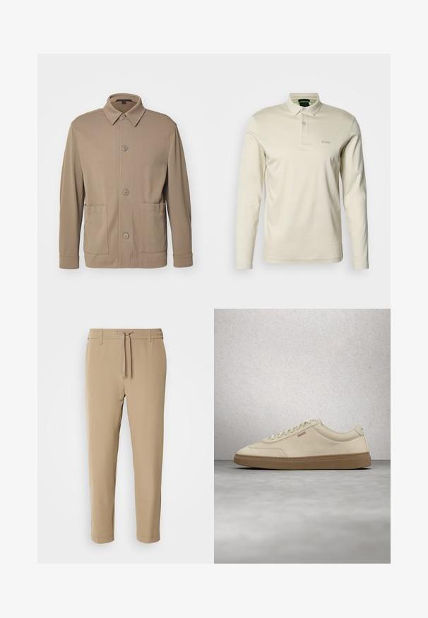 Beige knap-jakke lavet af struktureret stof, med krave, frontknapper og to sidelommer. Skræddersyet, afslappet design.; Langærmet polo skjorte med krave i cremefarvet bomuld. Har knaplukning og diskret "BOSS" broderi på brystet.; Beige, tapered bukser med elastisk talje og snor. Glat stof med et rent design uden synlige mønstre eller hardware.; Lyse beige ruskindssneaker med gummisål i farven gum, tydelige snørebånd og fine syningsdetaljer. Ren design med et minimalistisk æstetisk udtryk.