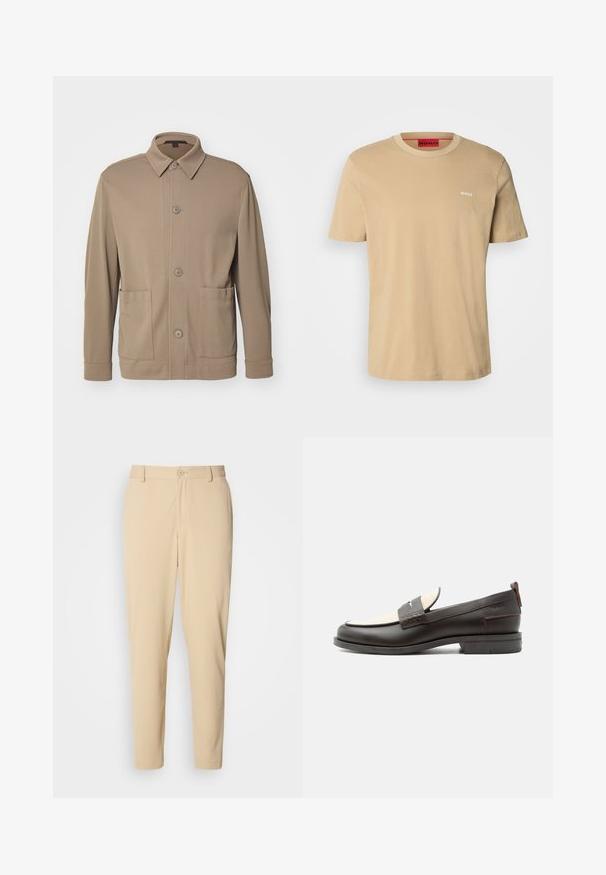 Beige knap-jakke lavet af struktureret stof, med krave, frontknapper og to sidelommer. Skræddersyet, afslappet design.; Beige bomulds t-shirt med rund halsudskæring, korte ærmer og et lille hvidt "HUGO" logo på brystet. Glat tekstur uden mønstre.; Beige bukser med struktur i slim fit, med knaplukning foran, bæltestropper og sidelommer. Glat stoffinish.; Mørkebrune herresko i læder med cremefarvet stofpanel og klassisk syning på remmen, flad sål og trækskærm ved hælen.