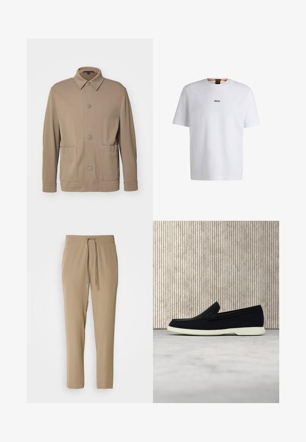 Beige knoopjack gemaakt van gestructureerde stof, met een kraag, knopen aan de voorkant en twee zijzakken. Op maat gemaakte, casual uitstraling.; Witte katoenen T-shirt met korte mouwen, voorzien van een zwart "BOSS"-logo in het midden van de borst en een ronde halsontwerp.; Beige joggerbroeken met een elastische tailleband en trekkoord. Ze hebben een taps toelopend ontwerp en boorden aan de onderkant, gemaakt van lichtgewicht stof.; Zwarte instapper met een ronde neus, voorzien van een textuur bovenwerk, gladde witte zool en subtiele merktekens aan de zijkant.