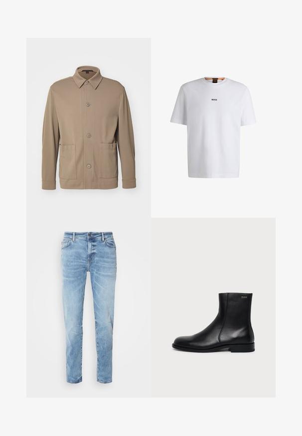 Beige knap-jakke lavet af struktureret stof, med krave, frontknapper og to sidelommer. Skræddersyet, afslappet design.; Hvid bomuld T-shirt med korte ærmer, med et sort "BOSS" logo centreret på brystet og en rund halsudskæring.; Lyseblå denimjeans med lige ben, der har forlommer, en baglomme med lap og en falmet, slidt tekstur.; Sort læderankelstøvle med lav hæl, sidesyning og lille "HUGO" logo på den øverste manchet mod en ensfarvet baggrund.