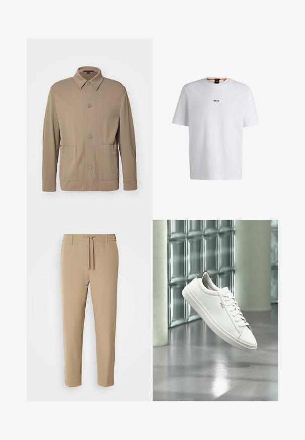 Beige knap-jakke lavet af struktureret stof, med krave, frontknapper og to sidelommer. Skræddersyet, afslappet design.; Hvid bomuld T-shirt med korte ærmer, med et sort "BOSS" logo centreret på brystet og en rund halsudskæring.; Beige, tapered bukser med elastisk talje og snor. Glat stof med et rent design uden synlige mønstre eller hardware.; Hvid læder lav-top sneaker med snørebånd, sort hælflig og "BOSS"-logo, svævende indendørs nær glasblok væg og poleret gulv.