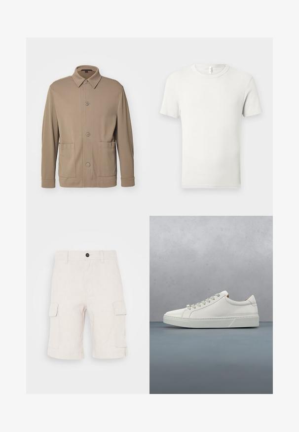 Beige Hemdjacke aus strukturiertem Stoff, mit Kragen, Vorderknöpfen und zwei Seitentaschen. Maßgeschneiderter, lässiger Schnitt.; Einfaches weißes T-Shirt mit kurzen Ärmeln und Rundhalsausschnitt, flach auf einem hellgrauen Hintergrund ausgebreitet, mit einem kleinen Stoffetikett am Kragen.; Beige Cargo-Shorts aus leichtem Stoff, mit zwei seitlichen Taschen und umgeschlagenem Saum. Knopfverschluss an der Taille.; Weißes Leder-Sneaker mit abgerundetem Zehenbereich, minimalistisches Design, graue Schnürsenkel und einer strukturierten grauen Gummisohle. Dezente Nähte sichtbar.
