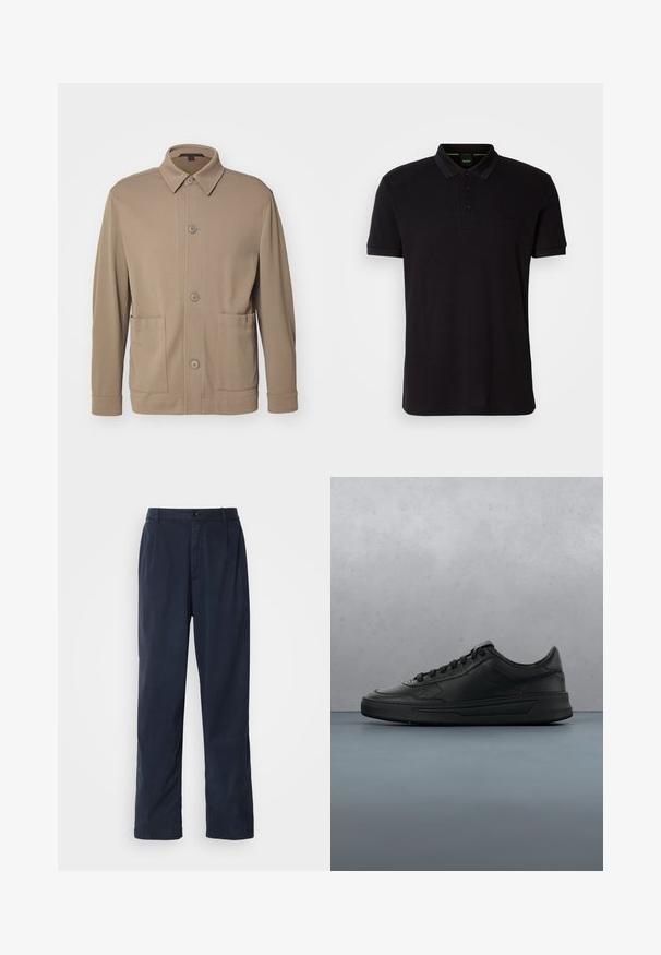 Beige Hemdjacke aus strukturiertem Stoff, mit Kragen, Vorderknöpfen und zwei Seitentaschen. Maßgeschneiderter, lässiger Schnitt.; Schwarzes Poloshirt aus weichem Stoff, mit klassischem Kragen, dreiknöpfiger Knopfleiste und gesticktem Logo auf der Brust.; Marineblaue Hose aus Baumwollmischung. Verfügt über einen geraden Schnitt, einen vorderen Knopfverschluss und dezente Falten. Glatte Textur.; Schwarze Sneaker mit glattem Lederobermaterial, runder Zehenpartie, flachen Schnürsenkeln, gepolstertem Kragen und minimalistischem Design. Gummisohle mit subtiler Profilierung.