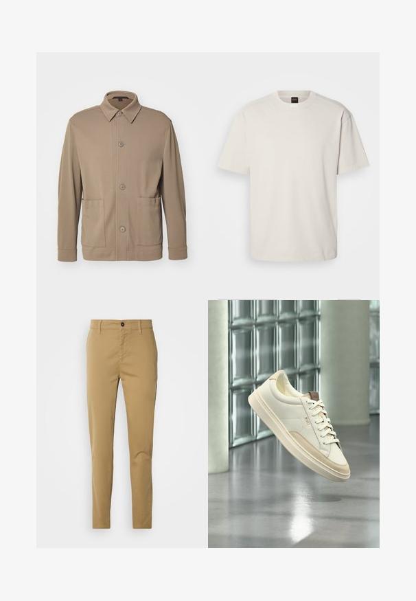 Beige Hemdjacke aus strukturiertem Stoff, mit Kragen, Vorderknöpfen und zwei Seitentaschen. Maßgeschneiderter, lässiger Schnitt.; Kurzärmliges T-Shirt mit Rundhalsausschnitt aus Baumwolle in Off-White, mit geradem Schnitt und minimalem Branding am Kragen. Weiche Textur, keine Muster.; Khakihosen aus Baumwolle. Slim-Fit-Design mit glatter Textur, Fronttaschen und einem einzigen Knopfverschluss an der Taille.; Weißer Low-Top-Sneaker mit beigen Akzenten und Schnürsenkeln, markiert mit „BOSS“, schwebt über einem polierten Boden vor einer Glasbausteinwand.