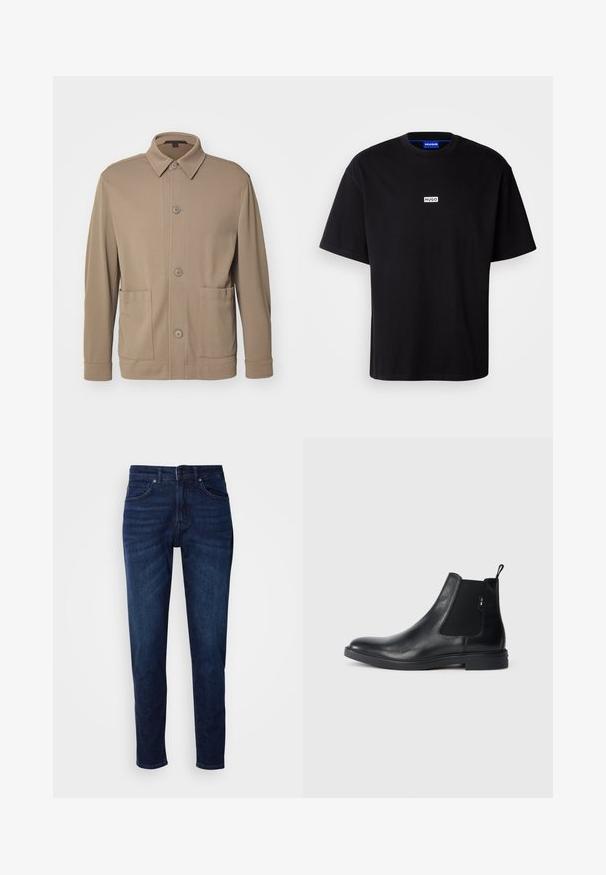 Beige Hemdjacke aus strukturiertem Stoff, mit Kragen, Vorderknöpfen und zwei Seitentaschen. Maßgeschneiderter, lässiger Schnitt.; Schwarzes Baumwoll-T-Shirt mit Rundhalsausschnitt, kurzen Ärmeln und einem weißen rechteckigen "HUGO"-Logo auf der Brust. Glatte Textur, lockere Passform.; Dunkelblaue Jeans aus Denim mit geradem Bein, ausgestattet mit Taschen und einem Knopfverschluss an der Taille. Weiche Textur, minimale Ausbleichungen.; Schwarze Leder Chelsea-Boots mit elastischen seitlichen Einsätzen, einer Zugschlaufe und einer flachen Gummisohle. Glatte Textur mit minimaler Ausgestaltung.