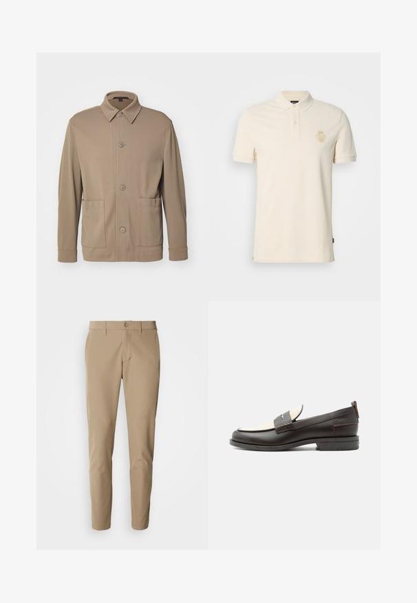 Beige knap-jakke lavet af struktureret stof, med krave, frontknapper og to sidelommer. Skræddersyet, afslappet design.; Beige bomulds polo-shirt med krave, korte ærmer og et broderet logo på brystet. Glat tekstur og klassisk design.; Beige bukser lavet af glat stof med lige snit, der har en knaplukning og for- lommer, samt bæltestropper.; Mørkebrune herresko i læder med cremefarvet stofpanel og klassisk syning på remmen, flad sål og trækskærm ved hælen.