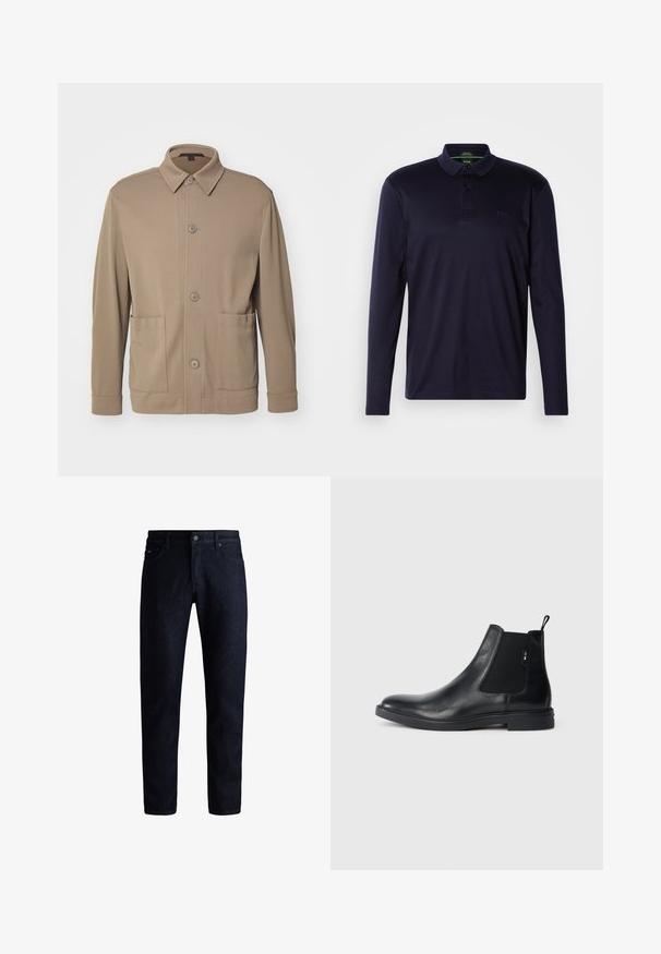 Beige knap-jakke lavet af struktureret stof, med krave, frontknapper og to sidelommer. Skræddersyet, afslappet design.; Marine langærmet polo shirt lavet af blød bomuld, med en tre-knaps placket og broderet logo på brystet. Glat tekstur.; Mørkeblå denim jeans med et klassisk fem-lomme design, lige ben og en elegant tekstur. Metal knaplukning ved taljen.; Sorte læder Chelsea støvler med elastiske sidepaneler, en pull-tab og en flad gummisål. Glat tekstur med minimal detaljer.