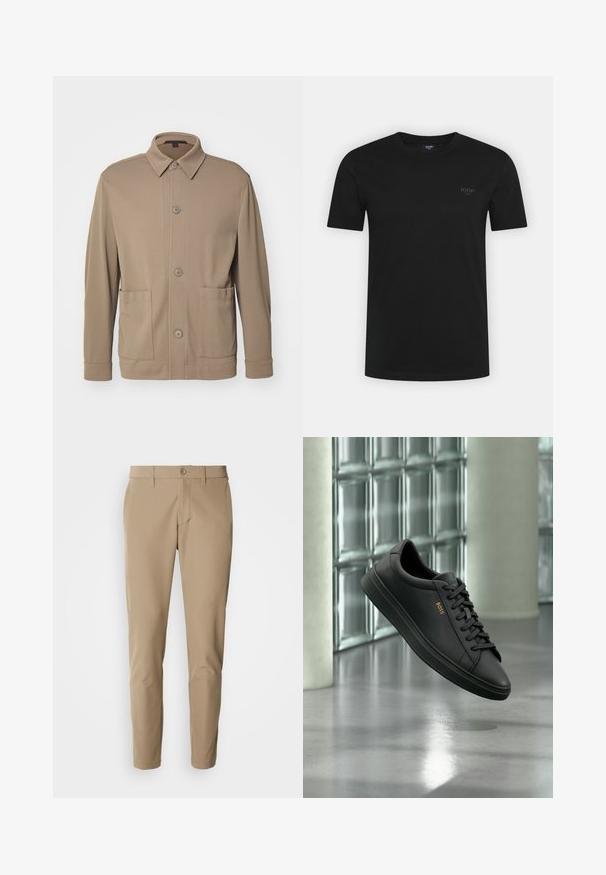 Beige knoopjack gemaakt van gestructureerde stof, met een kraag, knopen aan de voorkant en twee zijzakken. Op maat gemaakte, casual uitstraling.; Zwarte T-shirt met korte mouwen van katoen. Heeft een ronde halslijn en een klein, subtiel logo gedrukt op de bovenste linkerzijde.; Beige broek van gladde stof met een rechte snit, voorzien van een knoopsluiting en voorzakken, en inclusief riemlussen.; Zwarte lage leren sneaker met zwarte veters en gouden BOSS-logo aan de zijkant, zwevend boven glanzende grijze vloer in een moderne binnenruimte.