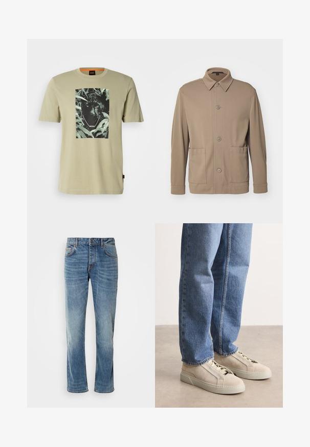 Beige knap-jakke lavet af struktureret stof, med krave, frontknapper og to sidelommer. Skræddersyet, afslappet design.; Olivenfarvet t-shirt lavet af bomuld, med en sort panter grafik omgivet af løv. Brandlogoet er vist i designet.; Lyseblå denimbukser med lige ben, fem lommer, kontrasterende syninger og en falmet finish. Har en knap- og lynlåsåbning.; BOSS GARYTENN_SDHDEL - Sneakers - natural ten