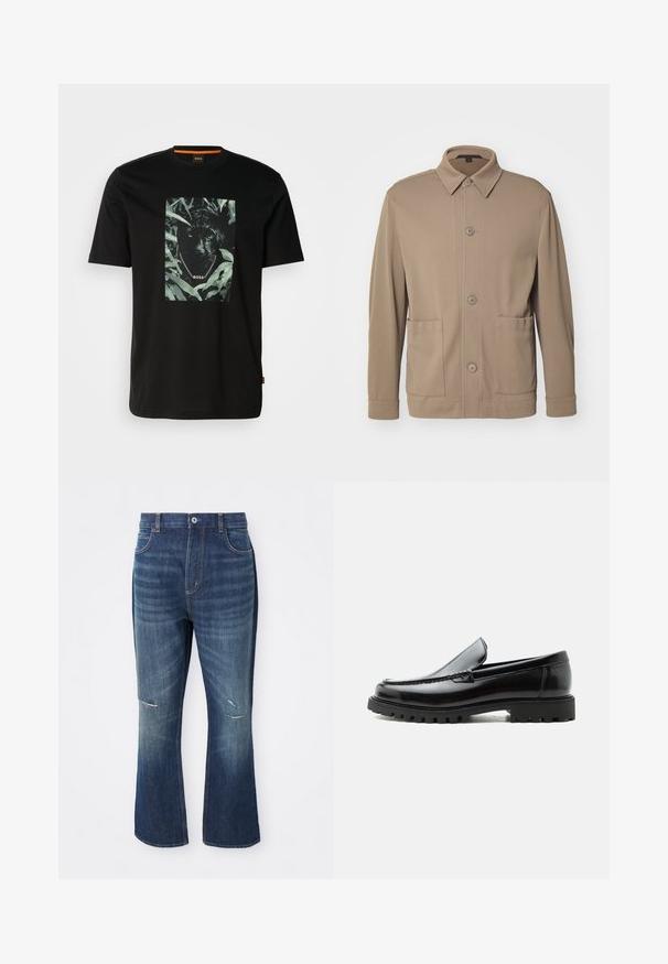 Beige knoopjack gemaakt van gestructureerde stof, met een kraag, knopen aan de voorkant en twee zijzakken. Op maat gemaakte, casual uitstraling.; Zwarte katoenen t-shirt met een centraal grafisch ontwerp van een panter omringd door bladeren, met een kettingkraag en de tekst "BOSS". Korte mouwen.; Blauwe denim flare jeans met lichte slijtage op beide knieën en een knoopsluiting bij de taille, gepresenteerd tegen een witte achtergrond.; Zwarte leren loafer met dikke rubberen zool, gestikte bovenkant en gegraveerde merknaam op de hiel, zijaanzicht op witte achtergrond.