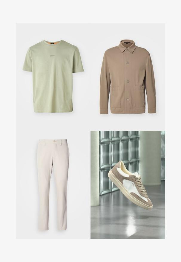 Chaqueta beige abotonada hecha de tejido texturizado, que cuenta con un cuello, botones frontales y dos bolsillos laterales. Diseño casual y ajustado.; Camiseta de manga corta verde oliva hecha de tela suave, con un cuello redondo y un pequeño logo "BOSS" impreso en el centro.; Pantalones beige de corte ajustado, con cierre de botón en la parte delantera, diseño de frente plano y corte recto, confeccionados en una suave mezcla de algodón.; Zapatilla de ante beige y blanca con cordones y el logo "BOSS", flotando sobre un suelo de hormigón pulido con paredes de bloques de vidrio al fondo.