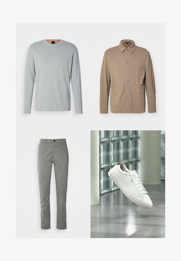 Chaqueta beige abotonada hecha de tejido texturizado, que cuenta con un cuello, botones frontales y dos bolsillos laterales. Diseño casual y ajustado.; Camiseta de manga larga gris claro con cuello redondo y sutil logo "BOSS" en el pecho, con ribete naranja en el interior del cuello, mostrada sobre fondo blanco.; BOSS CHINO TAPERED - Pantalones chinos - open grey; Zapatilla deportiva de piel blanca de corte bajo con cordones, lengüeta negra en el talón y logo "BOSS", flotando en interiores cerca de una pared de bloques de vidrio y suelo pulido.