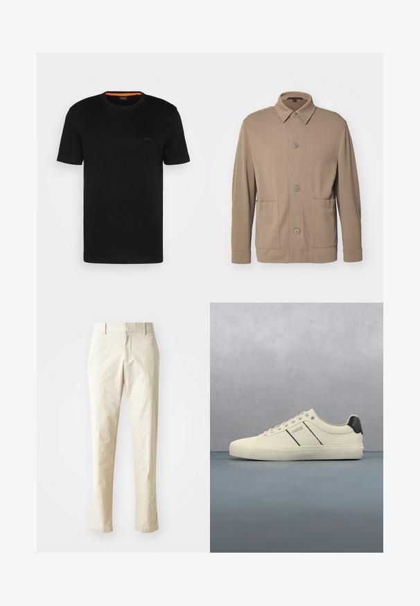 Chaqueta beige abotonada hecha de tejido texturizado, que cuenta con un cuello, botones frontales y dos bolsillos laterales. Diseño casual y ajustado.; Camiseta negra de manga corta hecha de una tela suave, con un escote redondo y un logo discreto en la parte delantera. El interior del cuello tiene un acento naranja.; Pantalones tailored en beige claro con un patrón texturizado, corte recto y una cinturilla de altura media, que cuentan con trabillas para el cinturón y sin bolsillos visibles.; Zapatillas de color crema con una textura suave, que presentan acentos y marcas en negro. Diseño clásico de cordones con punta redonda y suela de goma.