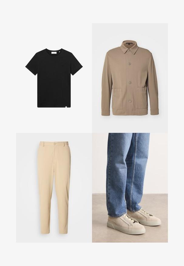Beige knap-jakke lavet af struktureret stof, med krave, frontknapper og to sidelommer. Skræddersyet, afslappet design.; Sort kortærmet T-shirt lavet af bomuld, med rund hals og et lille logo broderet på brystet. Glat tekstur, standard pasform.; Beige bukser med struktur i slim fit, med knaplukning foran, bæltestropper og sidelommer. Glat stoffinish.; BOSS GARYTENN_SDHDEL - Sneakers - natural ten