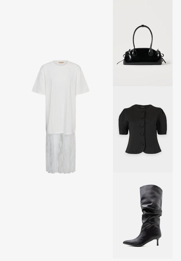 Veste noire à manches courtes et cintrée avec un col rond et cinq boutons recouverts de tissu sur le devant.; Robe blanche à manches courtes avec partie supérieure unie et tissu en dentelle transparente s'étendant du milieu de la cuisse jusqu'à l'ourlet.; Botte en cuir noire mi-mollet avec bout pointu et talon fin, présentant un design relâché autour de la cheville.; Petit sac à main noir brillant avec deux longues anses et des détails à cordon sur les côtés sur un fond clair uni.