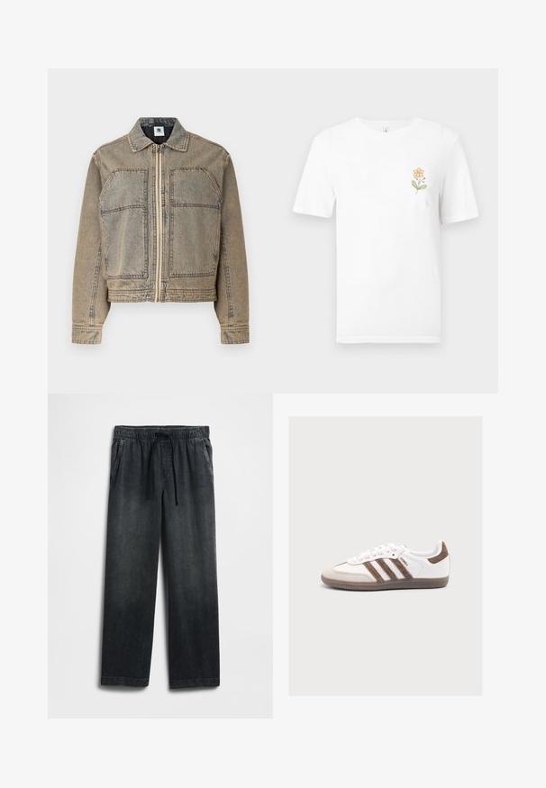 Veste en denim brun clair, dotée d'une fermeture éclair, de deux poches poitrine et d'une silhouette structurée avec des coutures contrastées.; T-shirt blanc à manches courtes avec une petite fleur orange et des feuilles vertes imprimées sur le côté gauche de la poitrine.; Pantalon en denim noir avec une taille élastique à cordon, coupe large aux jambes et légère décoloration. Deux poches latérales incluses.; Baskets blanches Adidas Samba avec des bandes en daim marron, un patch marron au talon, un bout beige et une semelle en caoutchouc translucide, vues de côté.