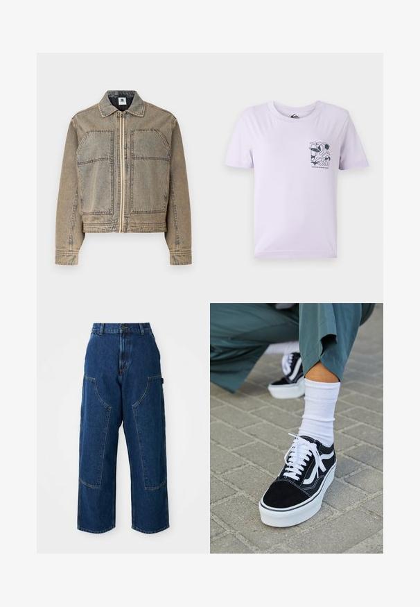 Leren spijkerjack in lichtbruin, met een ritsluiting, twee borstzakken en een gestructureerd silhouet met contrasterende stiksels.; Lichtpaarse T-shirt met korte mouwen, gemaakt van katoen, met een zwart abstract ontwerp en tekst op de linkerkant van de borst.; Donkerdenim wijde jeans met hoge taille, voorzien van grote voorzakken en contrasterende stiksels. De stof heeft een lichte textuur.; Zwarte suède sneaker met witte accenten en veters, uitgerust met een dikke witte zool en contrasterende stiksels, gecombineerd met een witte sok.