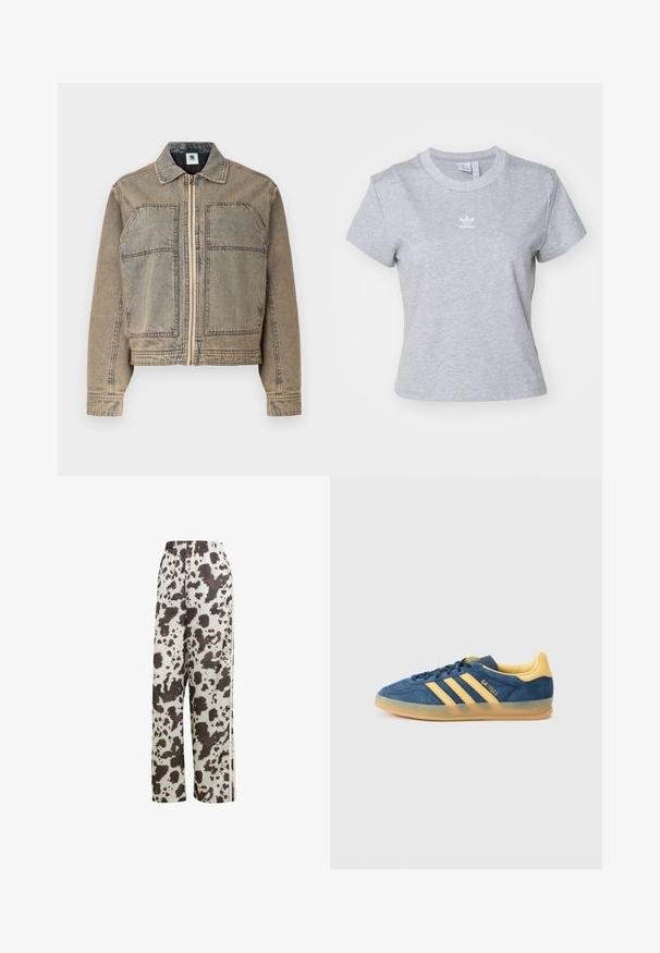 Jeansjacke in hellbraun, mit Reißverschluss, zwei Brusttaschen und einer strukturierten Silhouette mit kontrastierenden Nähten.; adidas Originals ESS SLIM TEE - T-Shirt basic - medium grey heather; adidas Originals COW PRINT SATIN WIDE LEG - Jogginghose - multicolor off white; Blauer Wildleder-Sneaker mit gelben Akzenten, drei gelben Streifen, strukturierter Zunge und durchsichtiger Kaugummi-Außensohle. Markenname "Gazelle" sichtbar.