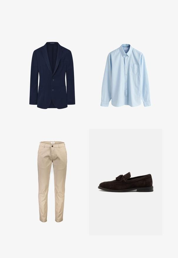 Marineblazer mit glatter Oberfläche, einreihigem Design, zwei Knöpfen, Klassikern und zwei Fronttaschen. Schlichte und strukturierte Form.; Hellblaues, langärmliges Hemd mit Knopfleiste, Kragen mit Knöpfen und Brusttasche, dargestellt auf weißem Hintergrund.; Beige Baumwollhosen mit geradem Bein, ausgestattet mit Vordertaschen, Reißverschluss und einem einzelnen Knopfverschluss. Glatte Textur, ohne Muster.; Dunkelbrauner Wildleder-Herrenloafer mit Quasten, Ziernähten und niedrigem Absatz, im Seitenprofil vor einfarbigem Hintergrund dargestellt.