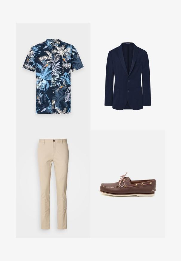 Marineblazer mit glatter Oberfläche, einreihigem Design, zwei Knöpfen, Klassikern und zwei Fronttaschen. Schlichte und strukturierte Form.; Hemd mit kurzen Ärmeln in Marineblau mit einem tropischen Druck aus hellblauen Palmblättern und bunten Vögeln. Mit Button-Down-Kragen.; Beige Baumwollhose im Slim Fit mit Knopfverschluss, subtiler Textur und klassischen Taschen. Schlichtes Design, ohne Muster oder Akzente.; Braune Lederbootsschuh mit beiger Gummisohle, ausgestattet mit goldenen Ösen, klassischer Schnürung und sichtbaren Nähten entlang der oberen Kante.