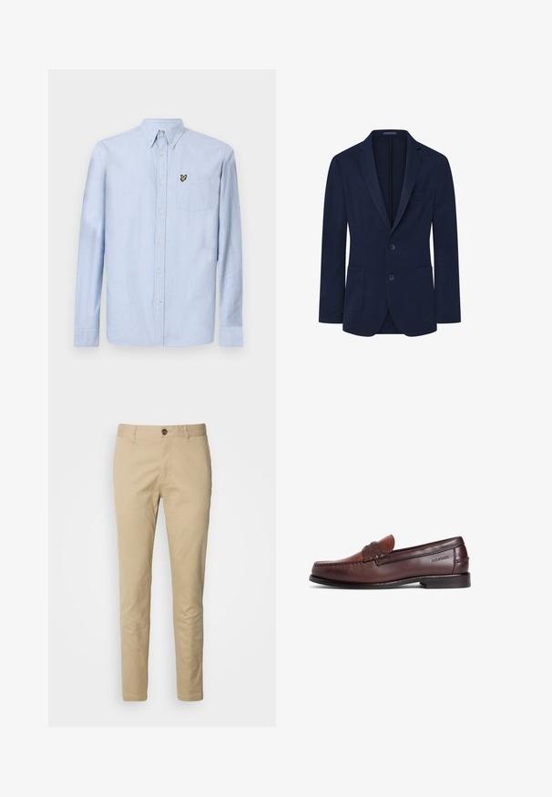 Marineblazer mit glatter Oberfläche, einreihigem Design, zwei Knöpfen, Klassikern und zwei Fronttaschen. Schlichte und strukturierte Form.; Hellblaues Langarmhemd mit Button-Down-Kragen, Brusttasche und gesticktem Logo. Hergestellt aus strukturiertem Baumwollstoff.; Beige Chinos mit Knopfverschluss, slim fit und glattem Baumwollstoff. Mit Steppnähten und klassischem Fünf-Taschen-Design.; Brauner Lederloafer mit glatter Oberfläche, ausgestattet mit einem dekorativen Riemen und Ziernähten. Niedriger Absatz und abgerundete Zehenform.
